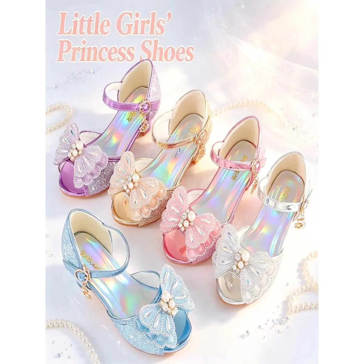Girls' Princess Look Open Toed Sandals - MD 2026 Summer New High-Heel Mixed Materials Shoes with Crystal Accents, for Formal & Casual Occasions (Toddlers to Big Kids)
