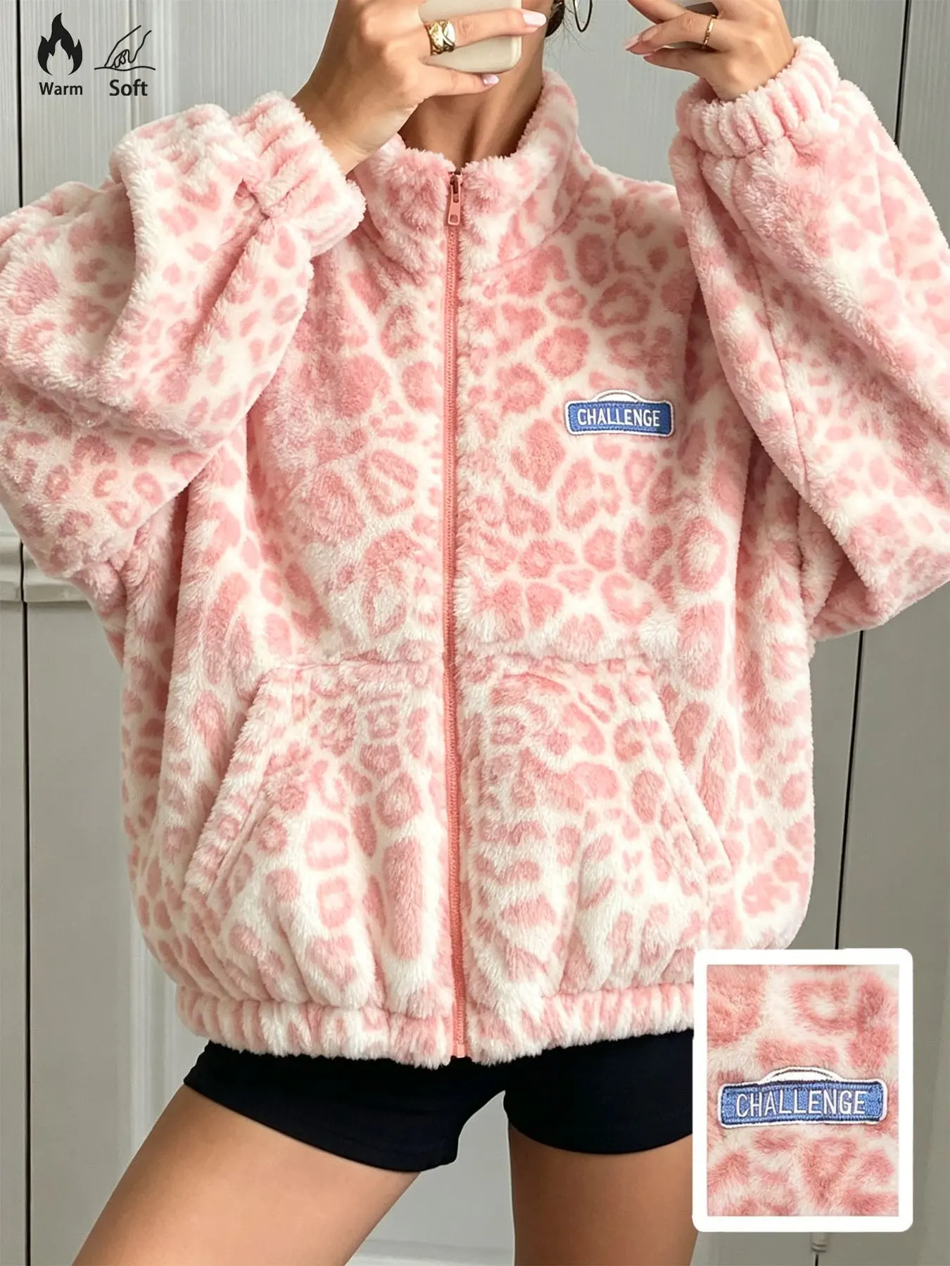 Women's Pink Leopard Fleece Zip Up Jacket, Warm Stand Collar Fluffy Oversize Top, Sweet Cool Casual Street Style, for Autumn, Outdoor, Daily Outfit, Campus
