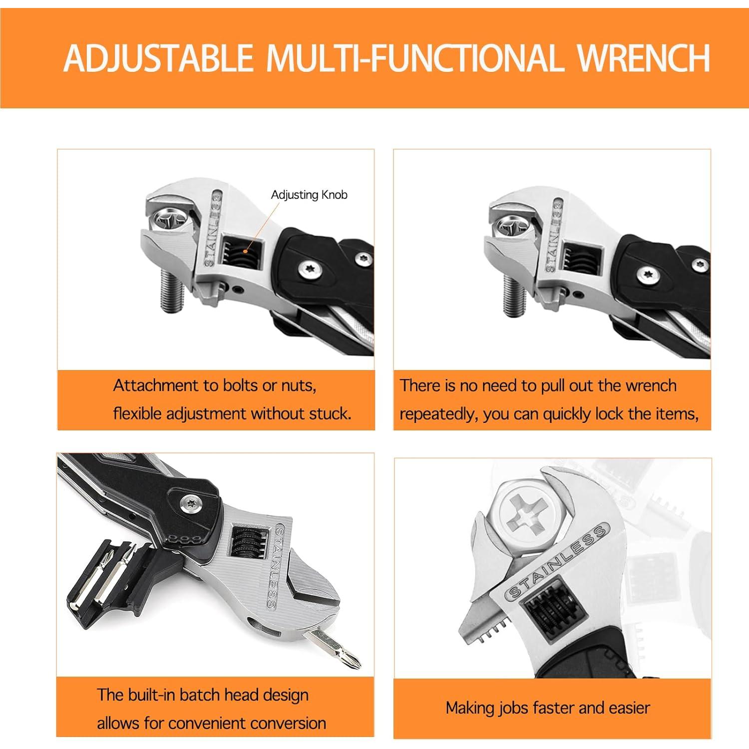 14-in-1 Adjustable Wrench Multitool EDC, Compact Multi Tool with Pliers, , , Screwdrivers, 30Cr13 Stainless Steel Tool for  Repair, DIY, Camping, Hiking, and Outdoor Use