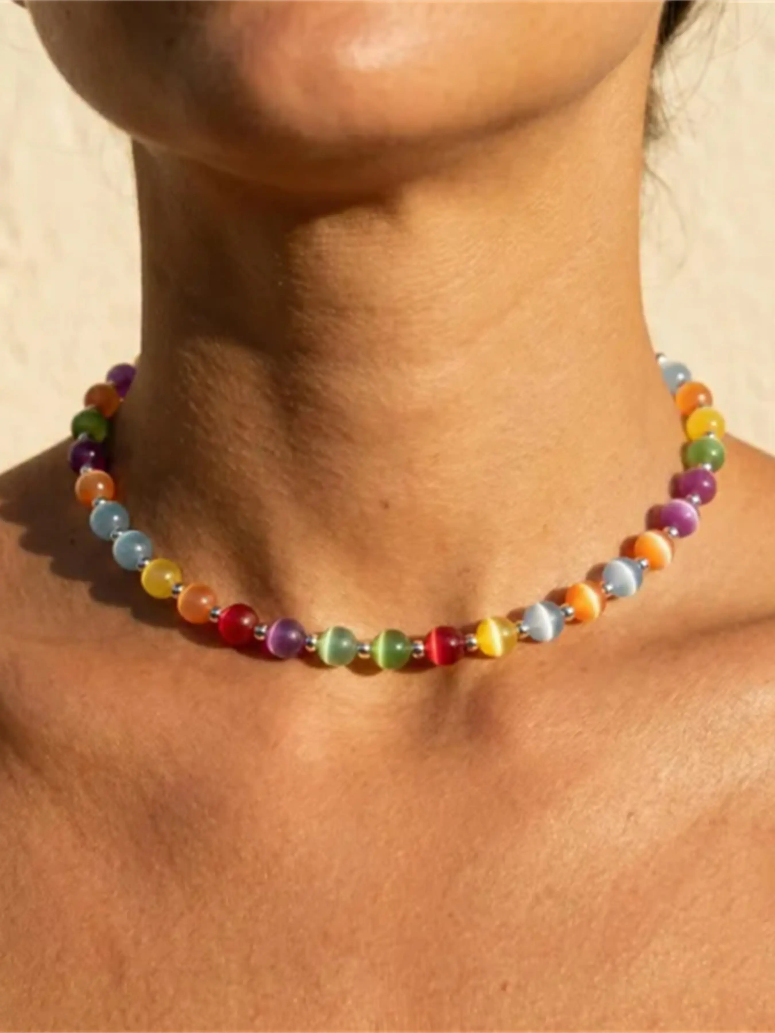 UV Sensitive Photochromic Resin Beaded Necklace Rainbow Cat Eye Color Changing In Sunlight Dainty Lightweight Choker Trendy Y2K Summer Accessory Adjustable Jewelry Gift For Girls Women Vacation Outfit