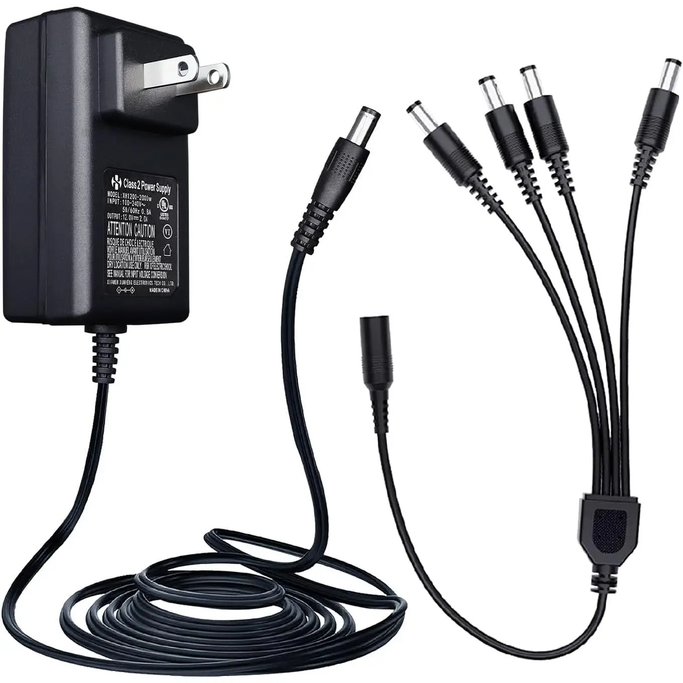 Power Adapter AC 100-240V to DC 12V 2A (2000mA) & 4-Way Power Splitter  for CCTV  Cameras/DVR/NVR/LED Strip Lights/Routers and , UL/FCC/CE Certificated (6ft)