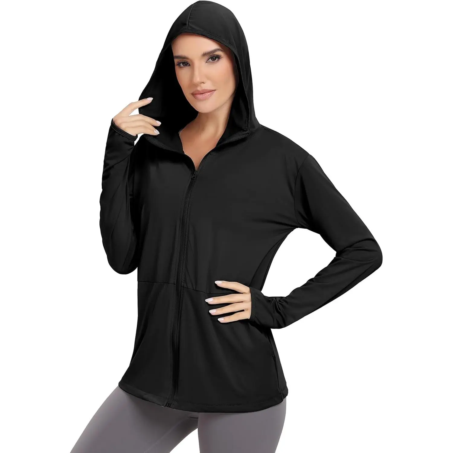 Womens UPF 50+ Sun Protection Hoodie Jacket Long Sleeve Sun Shirt |   UPF 50+ Sun Protection,Lightweight Summer Jacket,with Pockets,with Thumb Holes for Hiking Outdoor