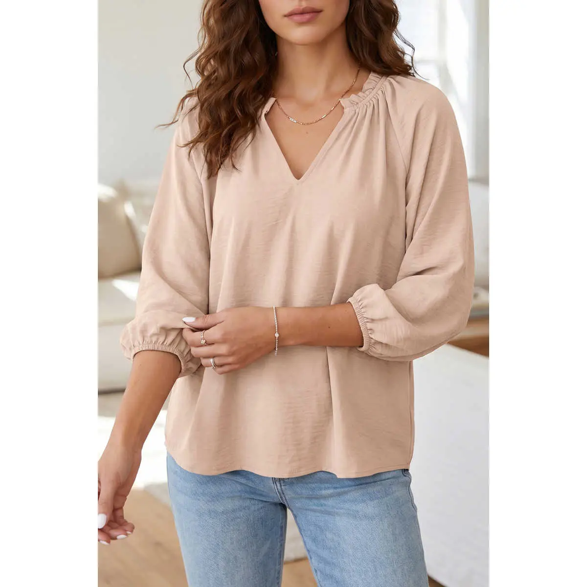 Parchment V Neck Gathered Cuff Three Quarter Sleeve Blouse