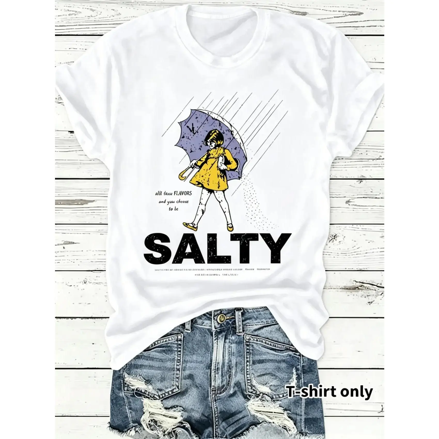 [100% Cotton] Women's Umbrella & Sality Girl Print Round Neck Tee, Vintage Trendy Casual Lightweight Knit Fitted Short Sleeve T-shirt for Daily Wear, Everyday, Ladies Summer, Top, Womenswear