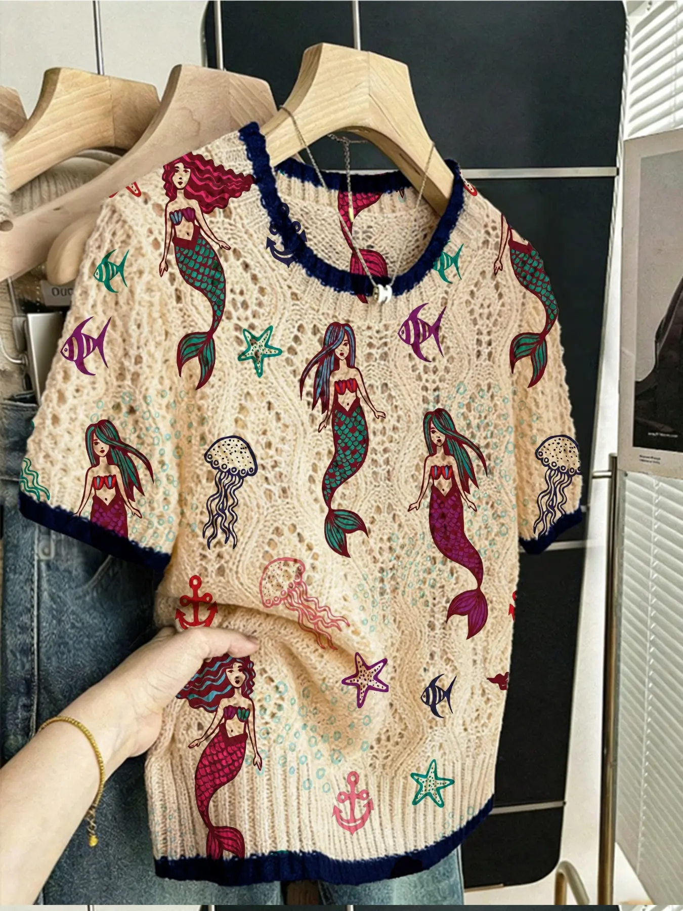Women's Vintage Mermaid Sea Creature Print Sweater, Round Neck Short Sleeve Knit Top, Casual Breathable Hollow Design, Spring Summer Fall