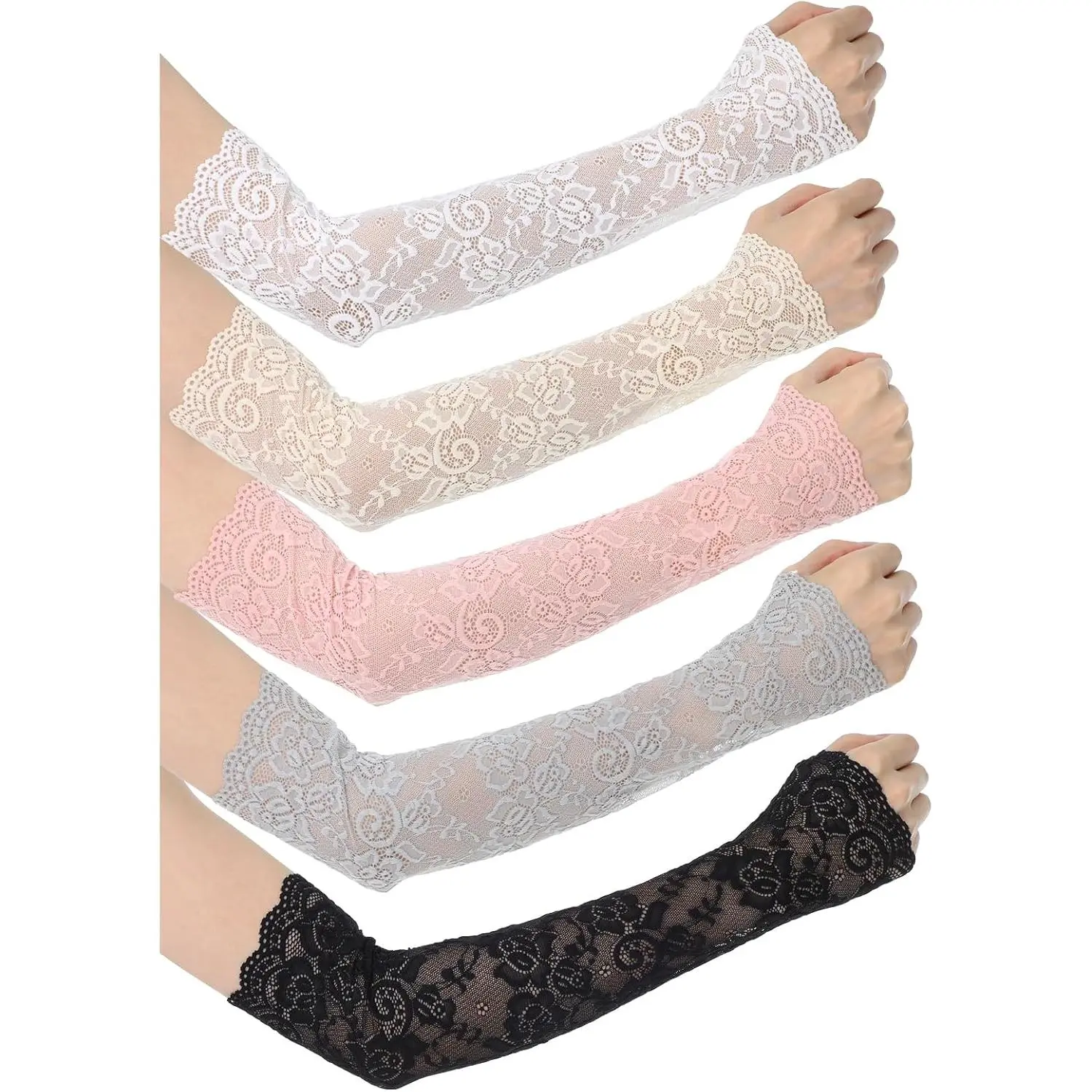 5 Pairs Women Lace Arm Sleeves Fingerless Arm Sleeve Floral Hollow Arms Cover Warmer Elbow Length Lace Sleeves to Cover Arms  Women New model