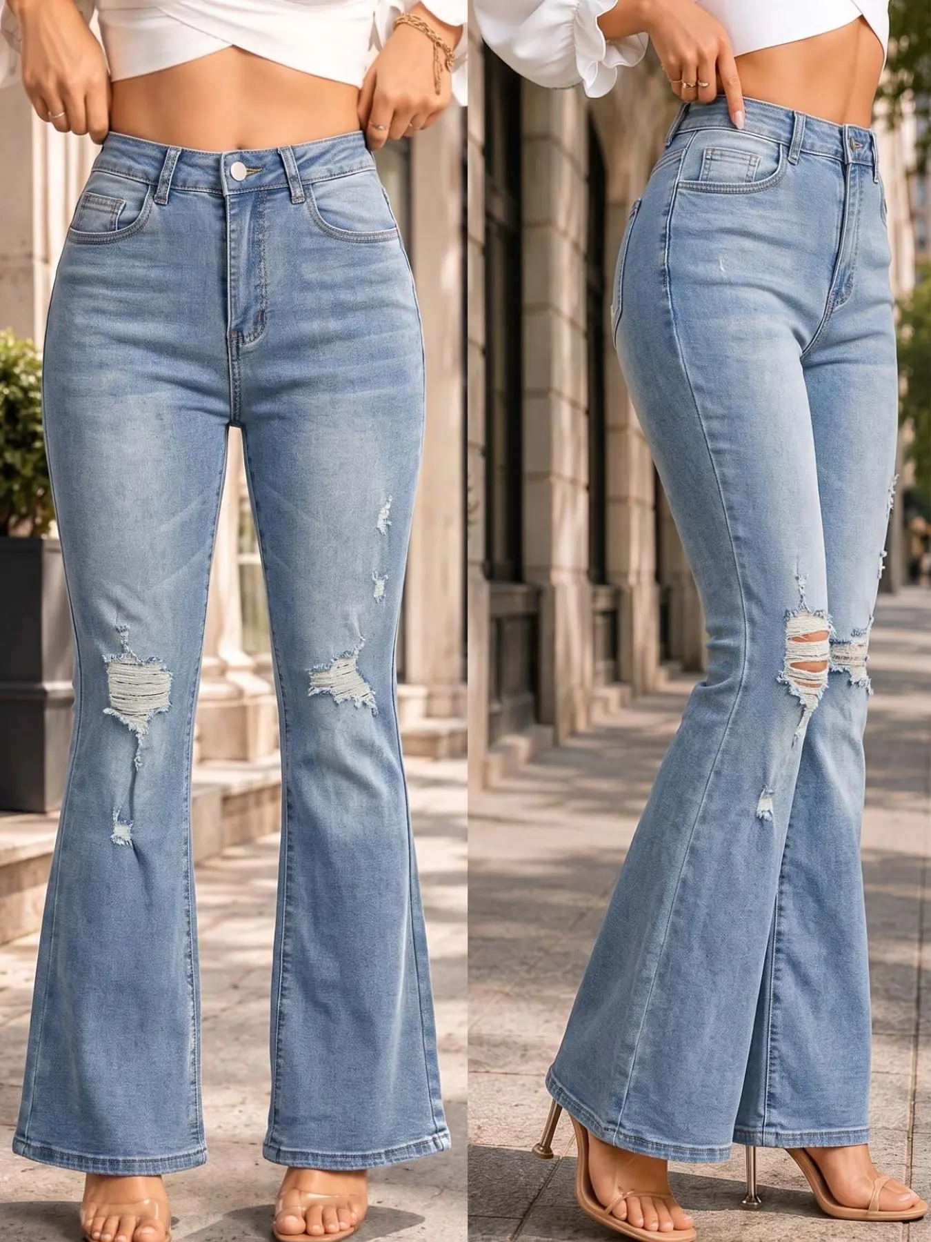 Women's Mid-Waist Ripped Micro Flare Jeans, Vintage Light Blue Washed Wide Leg Denim Jeans, Y2K Streetwear Slim Long Pants