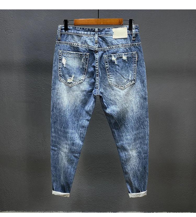 Nine-point jeans with holes for men's thin fashion brand slim feet in summer and summer Korean  style spring and autumn pants