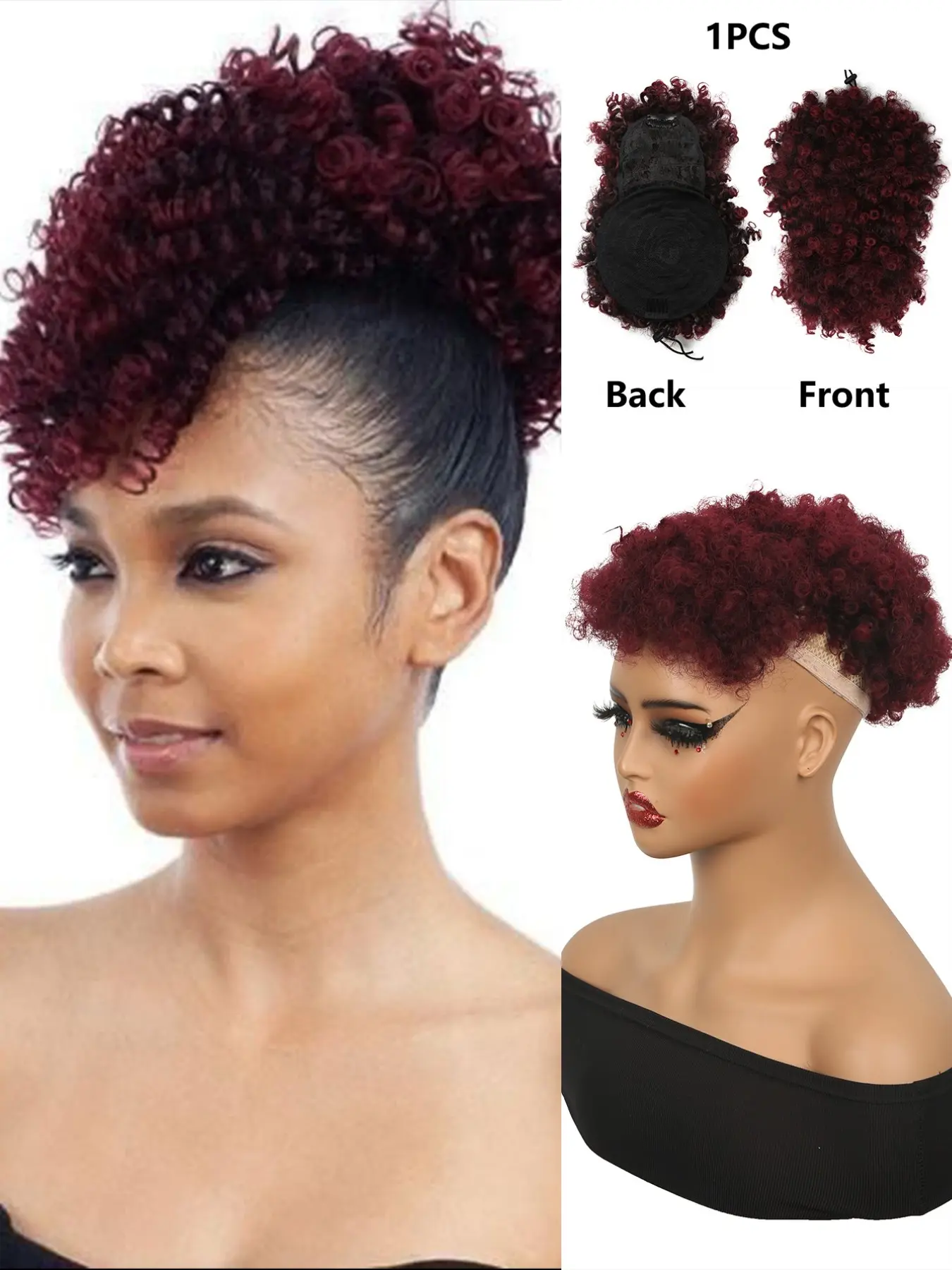 Afro Ponytail Extension Hair Topper for Women, Premium Burgundy Color Short Synthetic Fiber Hair Afro Puff Ponytail for Natural Hair,Clip On Kinky Drawstring Curly Ponytail Bun For Woven Used Daily Party Cosplay Halloween And Christmas