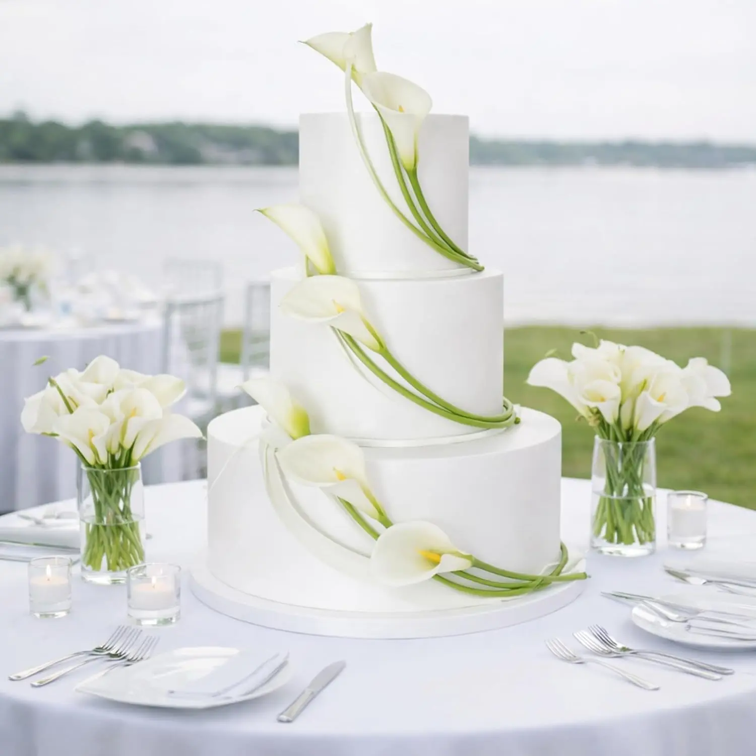 Norme 7 Pcs Cake Flowers Toppers White Calla Lily Artificial Faux Flowers Decor for Wedding Cakes, Birthday, Baby Shower & Baptism Party Decorations, 24.8" & 19.7" Floral Theme Cake Decor
