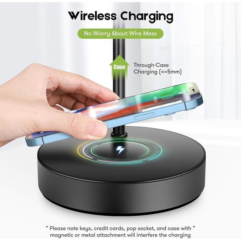 2Pcs Wireless Charging Industrial Table Lamp 3-Way Touch Control Dimmable Desk Lamp with USB Port Bedside Lamp with Hanging Seeded Glass Shade for Office Bedroom Living Room, Bulb Included