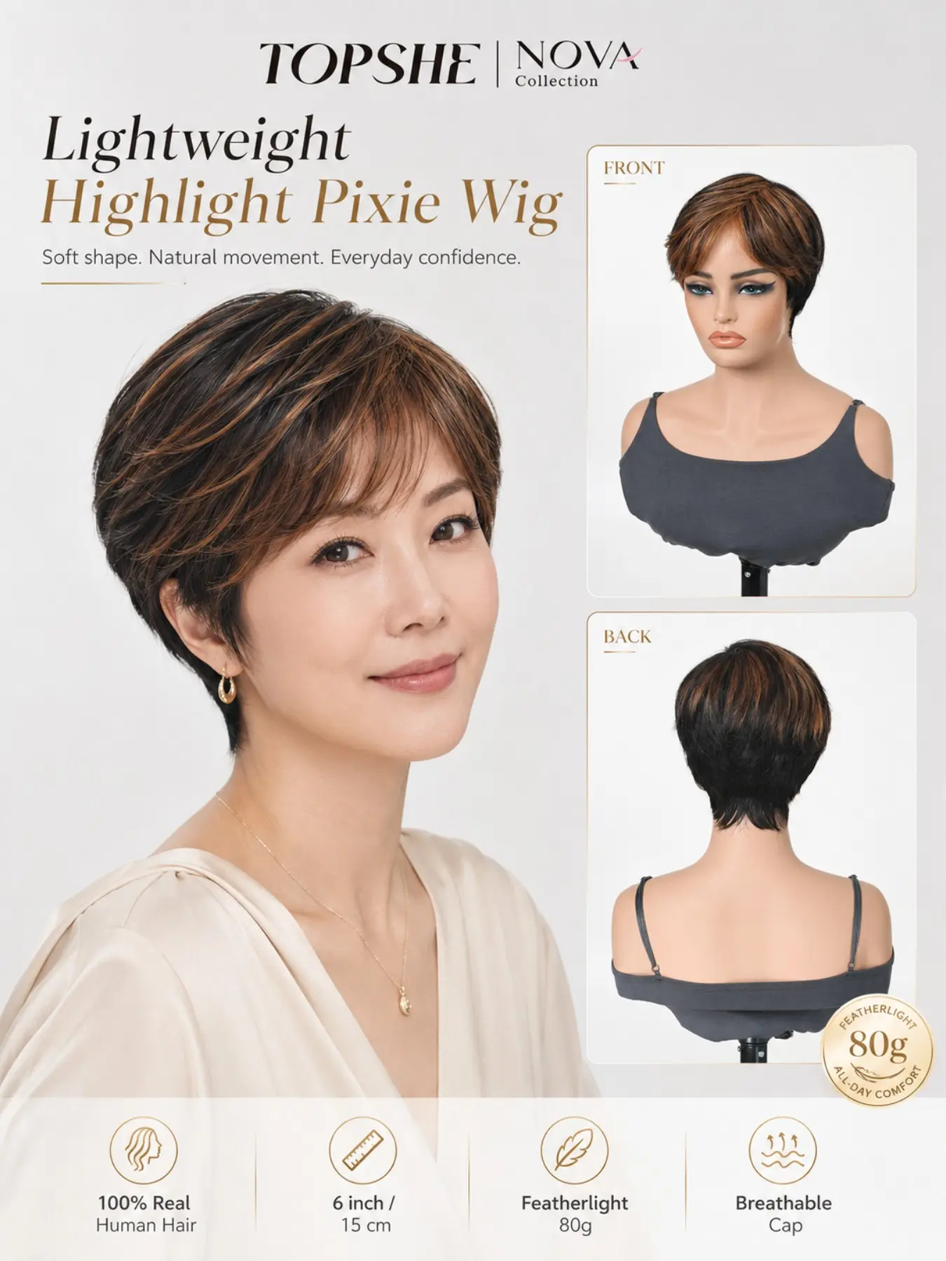 Lightweight Pixie Wig Human Hair | Short Layered Salon Bob Wig for Women | Natural Orange Brown Highlight Wig | Breathable Cap Ultra Light 80g Daily Wear Hairpiece | Soft Volume Easy Style Realistic Hairline