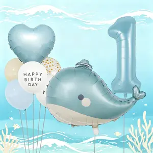 10-Piece Ocean Theme Blue Whale Balloon Set, Unisex, Includes 32-Inch Pearl Blue Number Balloons, Perfect for Birthdays and Pool Parties
