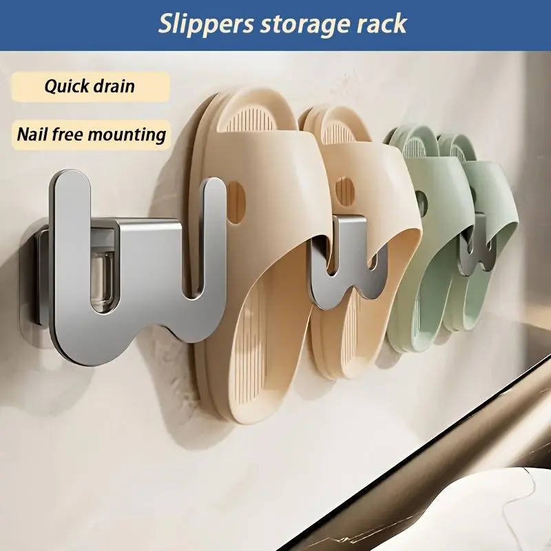 2pcs No-Drill Shoe Rack/Adhesive Strip/Polished Finish Slipper Organizer for Bathroom& Door Back/Space-Saving Wall-Mounted Footwear Storage Hook/Modern Design in Beige, Green, Blue, and Light Gray/Shoe Storage Organizer