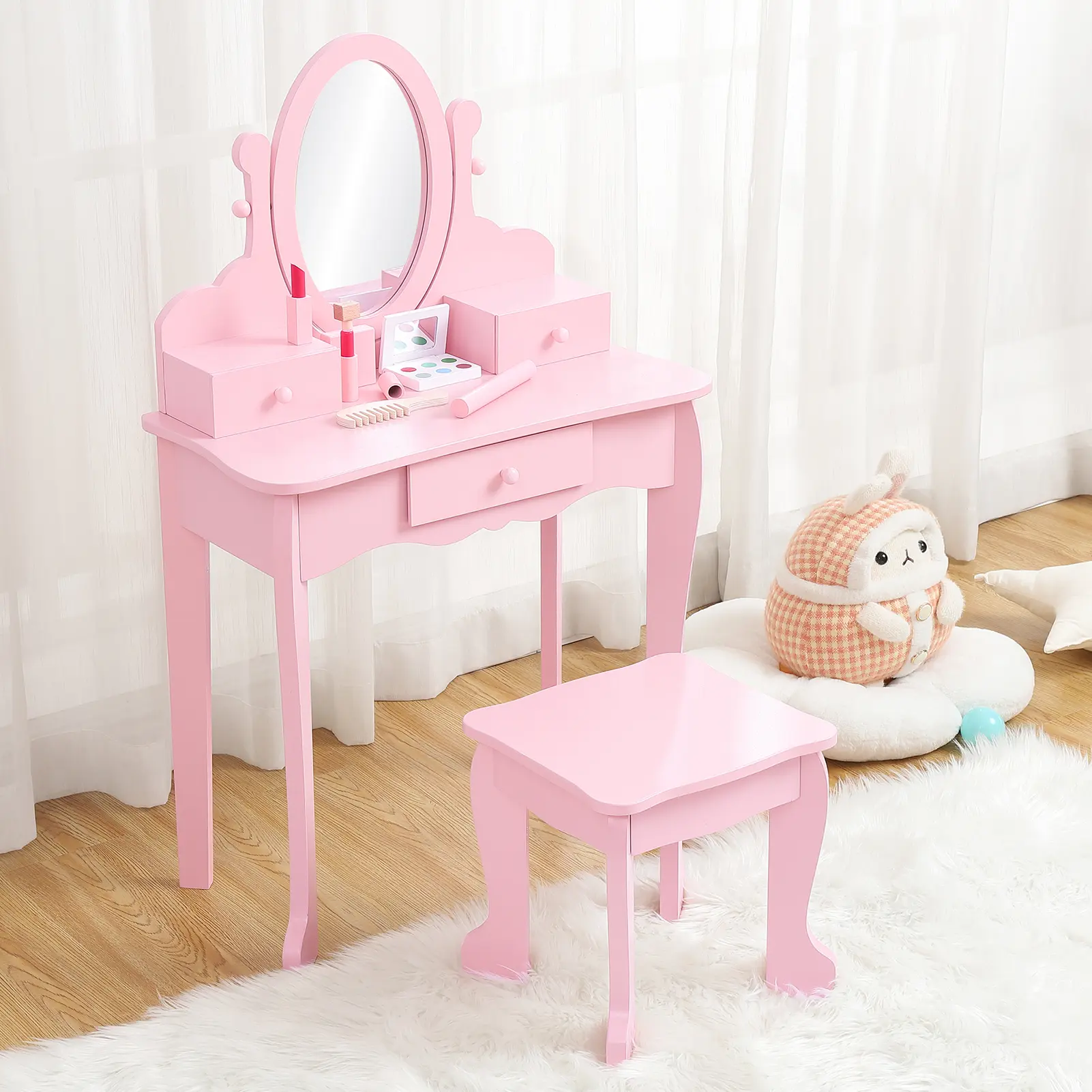 Vanity Set with Mirror & Stool - Wooden Princess Makeup Dressing Table, Adjustable Angle Mirror, Pretend Play Dress-Up Playset, Birthday Gift