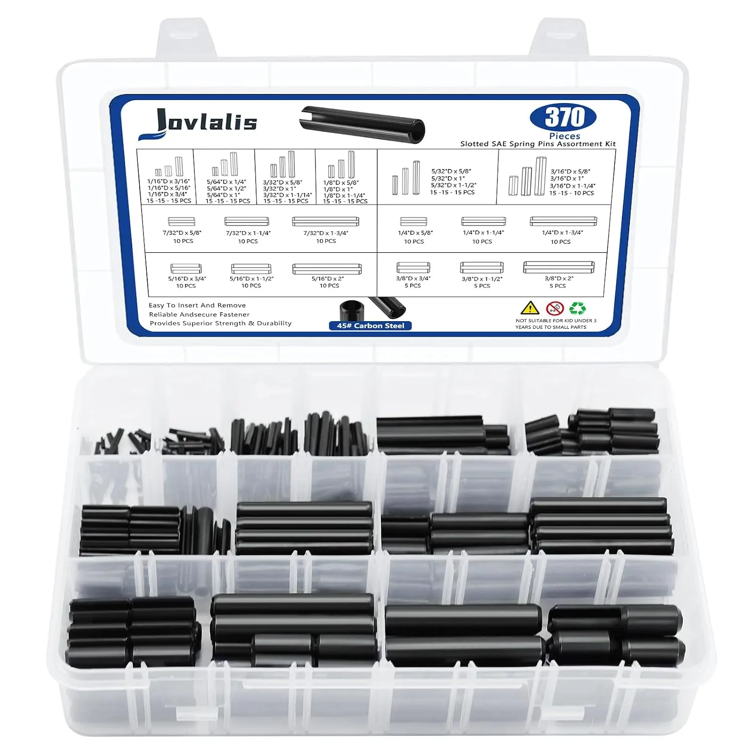 SAE Roll Pin Set, 370 Pcs Roll pin Assortment, Slotted Pins| Split Expansion Pin, Black Roll Pins, 1/16 5/64 3/32 1/8 5/32 3/16 7/32 1/4 5/16 3/8 Inch Dowel