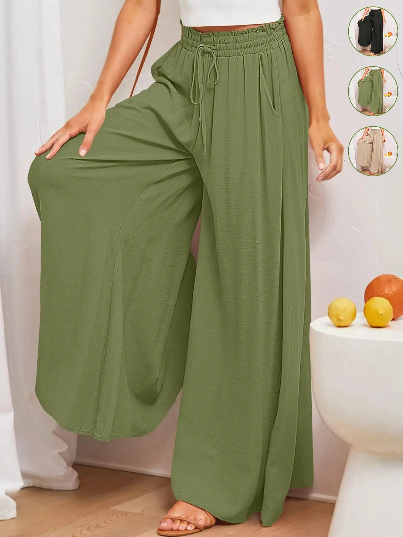 Women's Casual Elastic Waist Side Pocket Loose Wide Leg Pants, Oversized Leg Trousers, Comfortable and Stylish, Perfect for Daily Wear