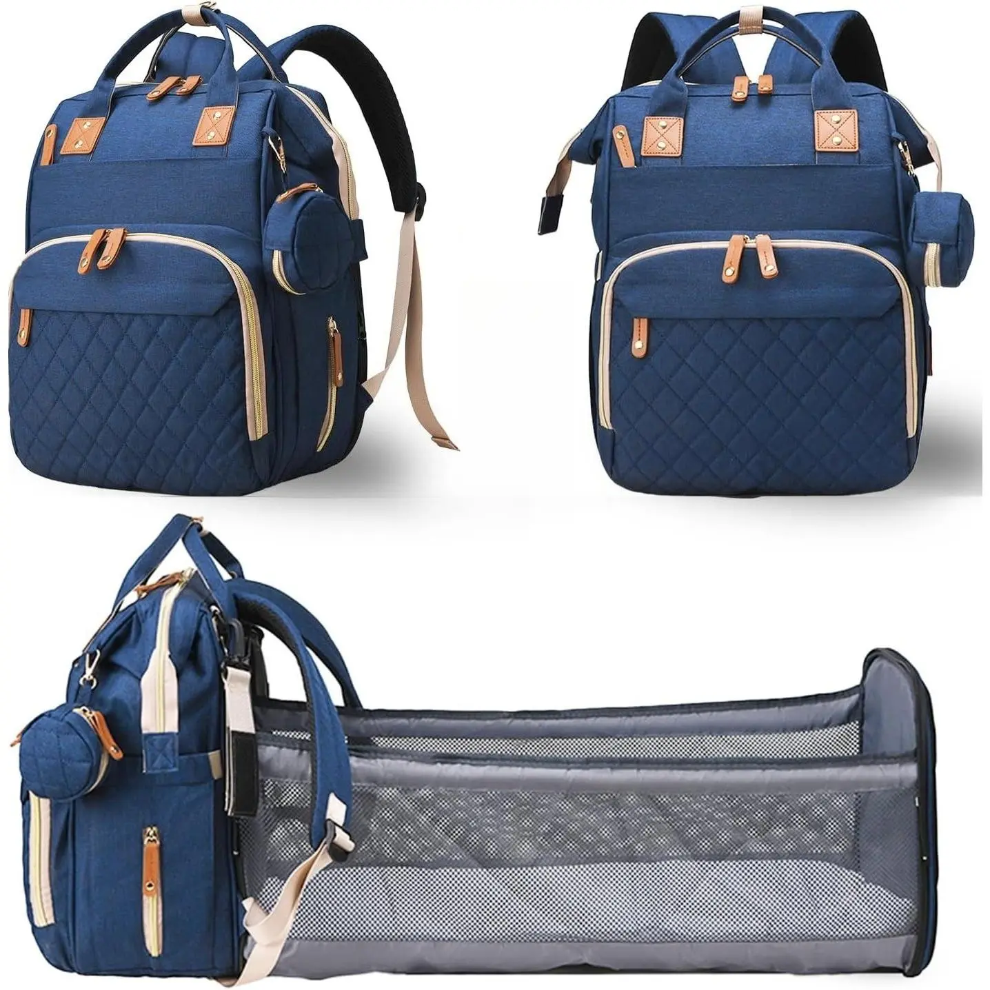 3-in-1 Waterproof Diaper Backpack with Changing Station, USB Port & Foldable Pad - Large Travel Baby Bag for Mom and Dad (Blue)