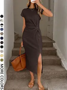 Elegant Waist Twist High Slit Sleeveless Midi Dress, Casual Apricot Textured Bodycon Dress, Women's Birthday Outfit, Women's Fitness Set, Women's Wedding Guest Dress, Women's Office Wear,  Graduation Dress