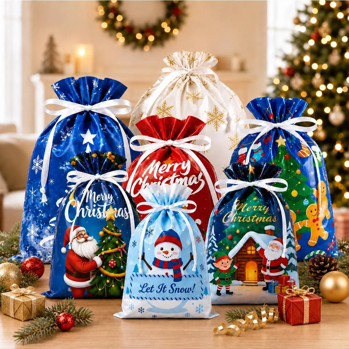 25PCS Christmas Gift Bags Set with Gift Tags, Luxury Foil Xmas Treat Bags, Holiday Party Favor Bags for Candy, Cookies, Small Gifts & Christmas Decorations