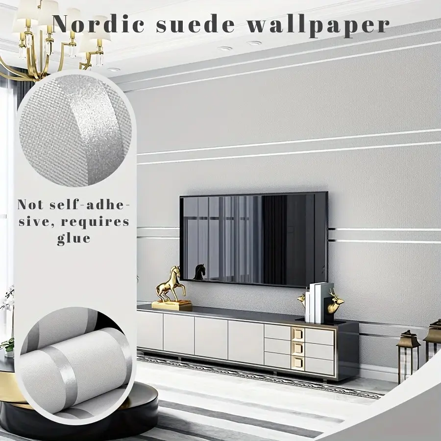 One roll of Nordic striped velvet self-adhesive wallpaper, Interior wallpaper, 371 inches thickened 3D textured, non-self-adhesive, cuttable, easy to clean, suitable for DIY and home decor