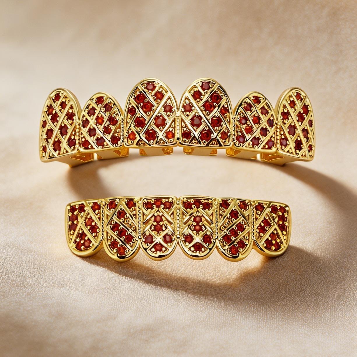 2PCS Set Halloween Gold Plated Iced Out Tooth Grillz VVS Moissanite Top Bottom Hip Hop Rapper Mouth Jewelry Streetwear Costume Trendy Gift