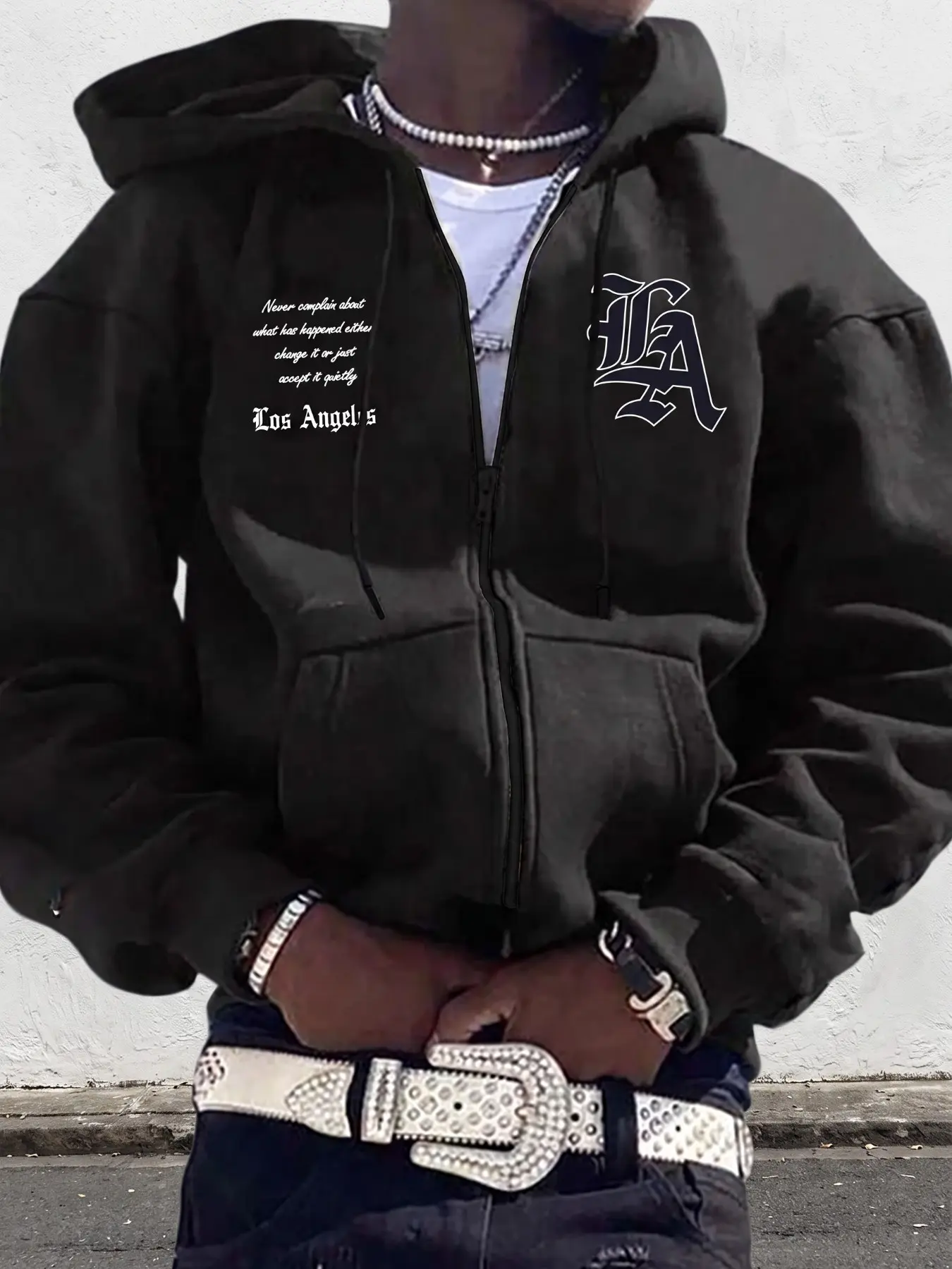 Polyester Fleece Oversized Men Full Zip Hoodie Jacket, Y2K Gothic LA Los Angeles Quote Script Letter Graphic Coat, West Coast Hip Hop Streetwear Outerwear, men clothing, menswear clothing, accessories for men, ropa caballero hombre, For Spring Fall Winter