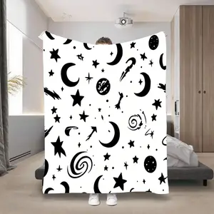 1Pc Space-Themed Flannel Throw Blanket Suitable For, Room & - Soft Cozy Bedspread With Stars, Planets, Galaxies, Machine Washable Polyester Blanket For &, - Bedding Accessory