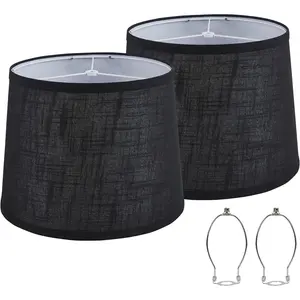 Set of 2 Black Replacement Bedside Lamp Shades, Medium Fabric Drum Lampshades 13" Top x 11" Bottom x 10" High, Harp Holder Included