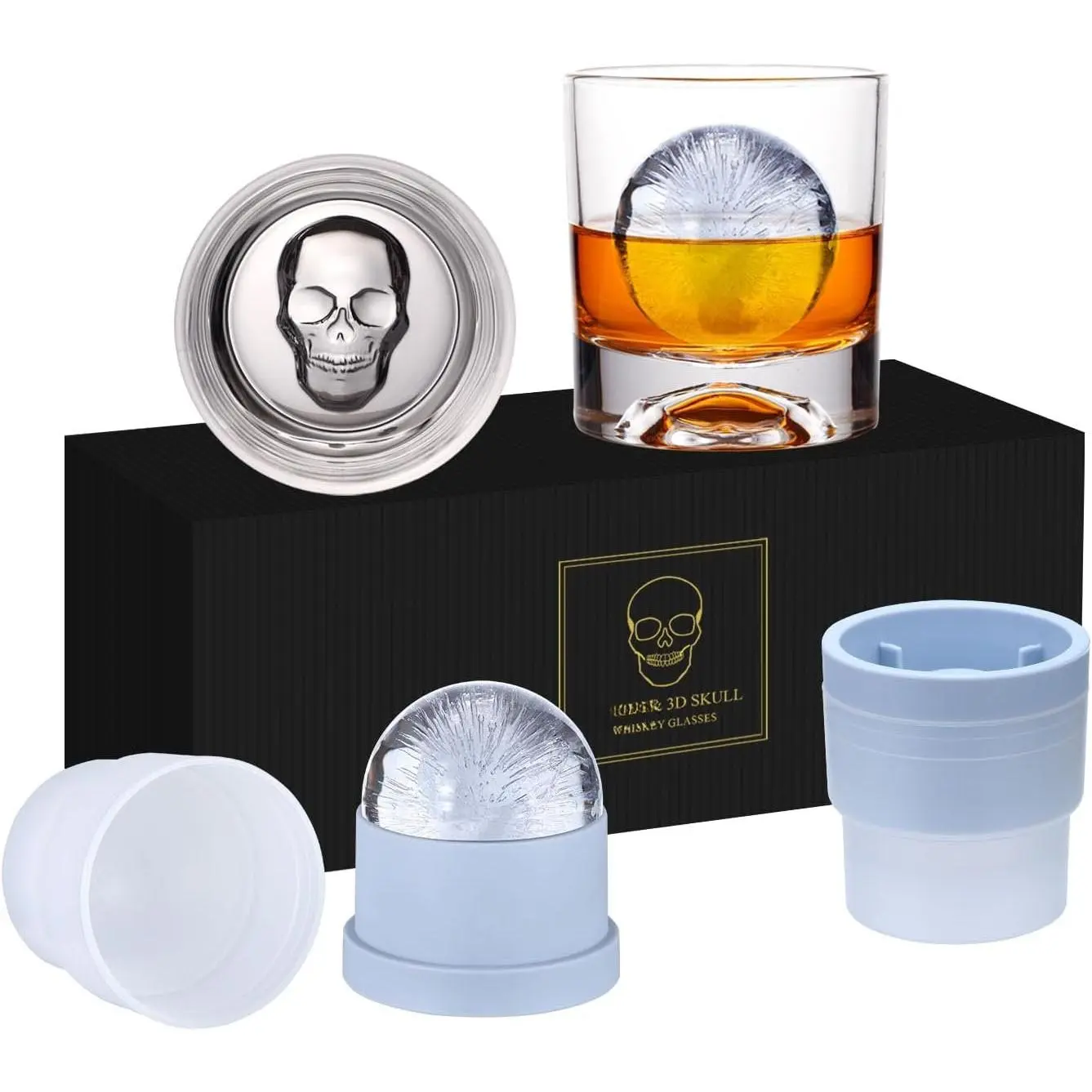 Skull  Rocks Glass, Set of 4 (2   Glasses, 2 Big Ice Ball Molds) In  Box - 10 Oz Old Fashioned Glasses for   Rum Cognac  ,  Gifts for Men