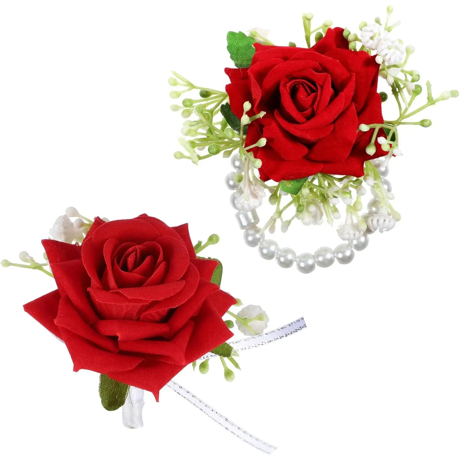Royal Red Formal Corsage and Boutonniere Set, 2-Piece Nylon & ABS Flowers with Pearl Accent for Men/Women, for Wedding & Prom Partner, Corsage 10x9cm, Boutonniere 9x7.5cm