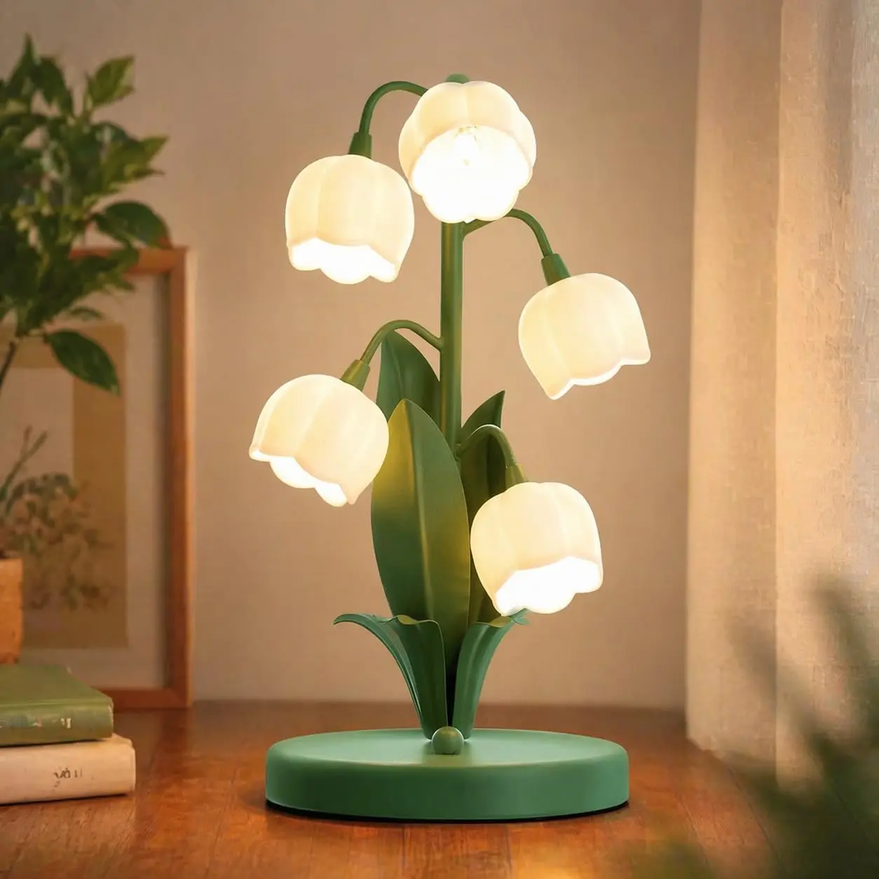 Lily of The Valley Floral Theme Green Table Lamp with LED Bulbs - Push Button 3-Color Adjustable Lights for Bedroom, Indoor Use Lamps, Cute Gift for Her Home Decor
