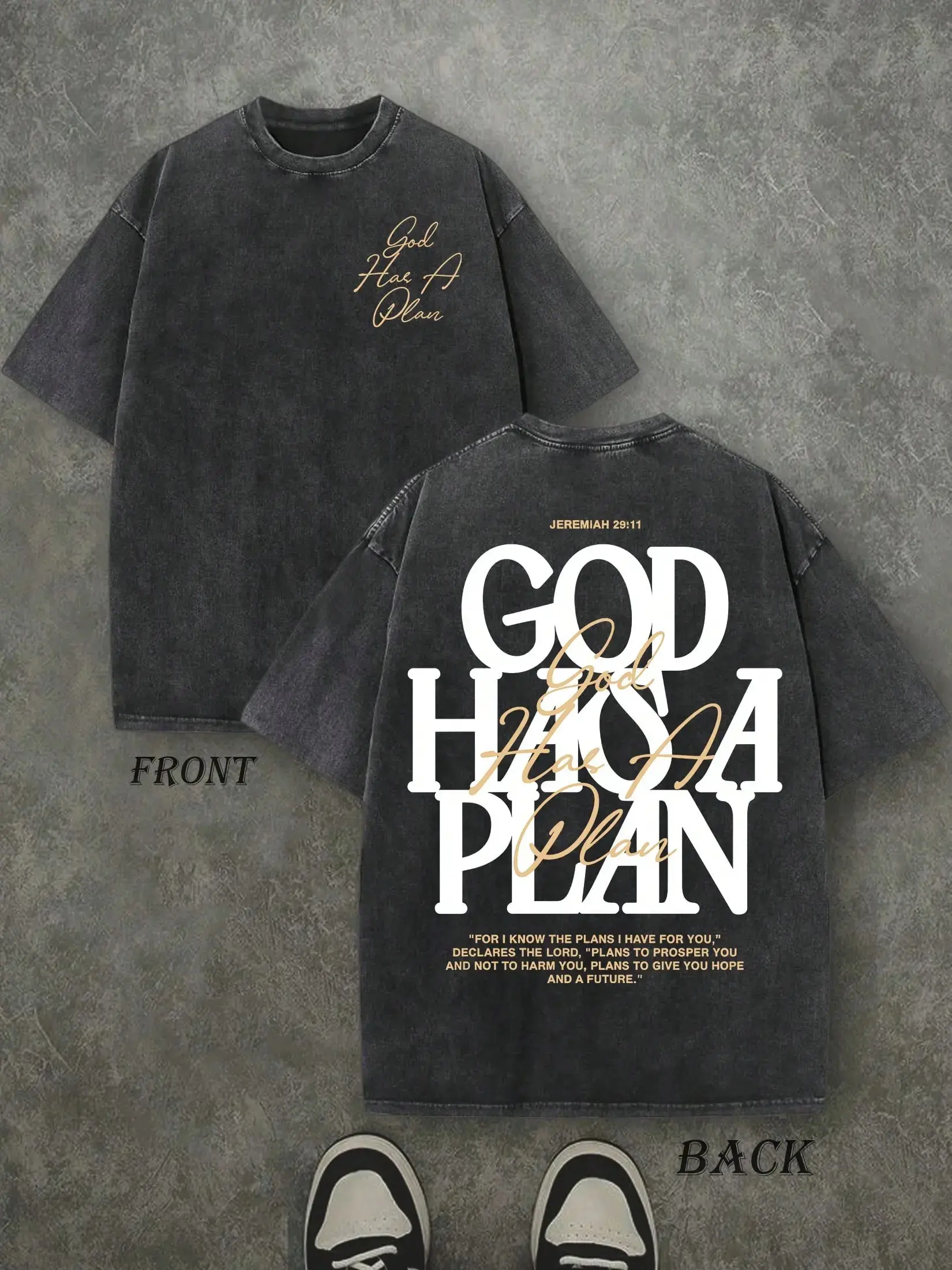Vintage Washed "God Has a Plan" Double-Sided Print Men's T-Shirt - 230gsm Heavyweight Cotton, Unisex Wide-Shoulder, Christian Streetwear, Loose-Fitting, Machine Washable, Unique Gift Idea, Easy Returns Casual Top
