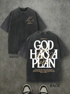 Vintage Washed "God Has a Plan" Double-Sided Print Tee |   220g Heavyweight Christian Streetwear, Unisex Wide-Shoulder Fit, High-Quality Cotton Casual Top for Men & Women