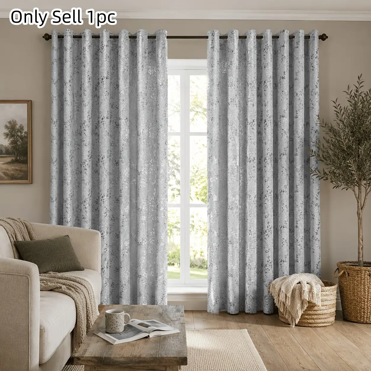 1pc Silver Floral Filtered Jacquard Curtain, Ring Suspension, Suitable for Living Room, Bedroom, Balcony, Sunroom, Wear-Resistant, Wrinkle-Free, Fade-Resistant
