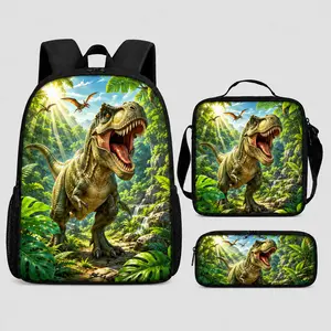 Dinosaur Backpack Set for Boys Girls, 3 Piece School Backpack with Lunch Bag & Pencil Case, T Rex Jungle Print Bookbag, Kids Elementary Middle School Student Travel Daypack, Back to School Supplies, Large Capacity Bag with Side Pockets, Padded Straps