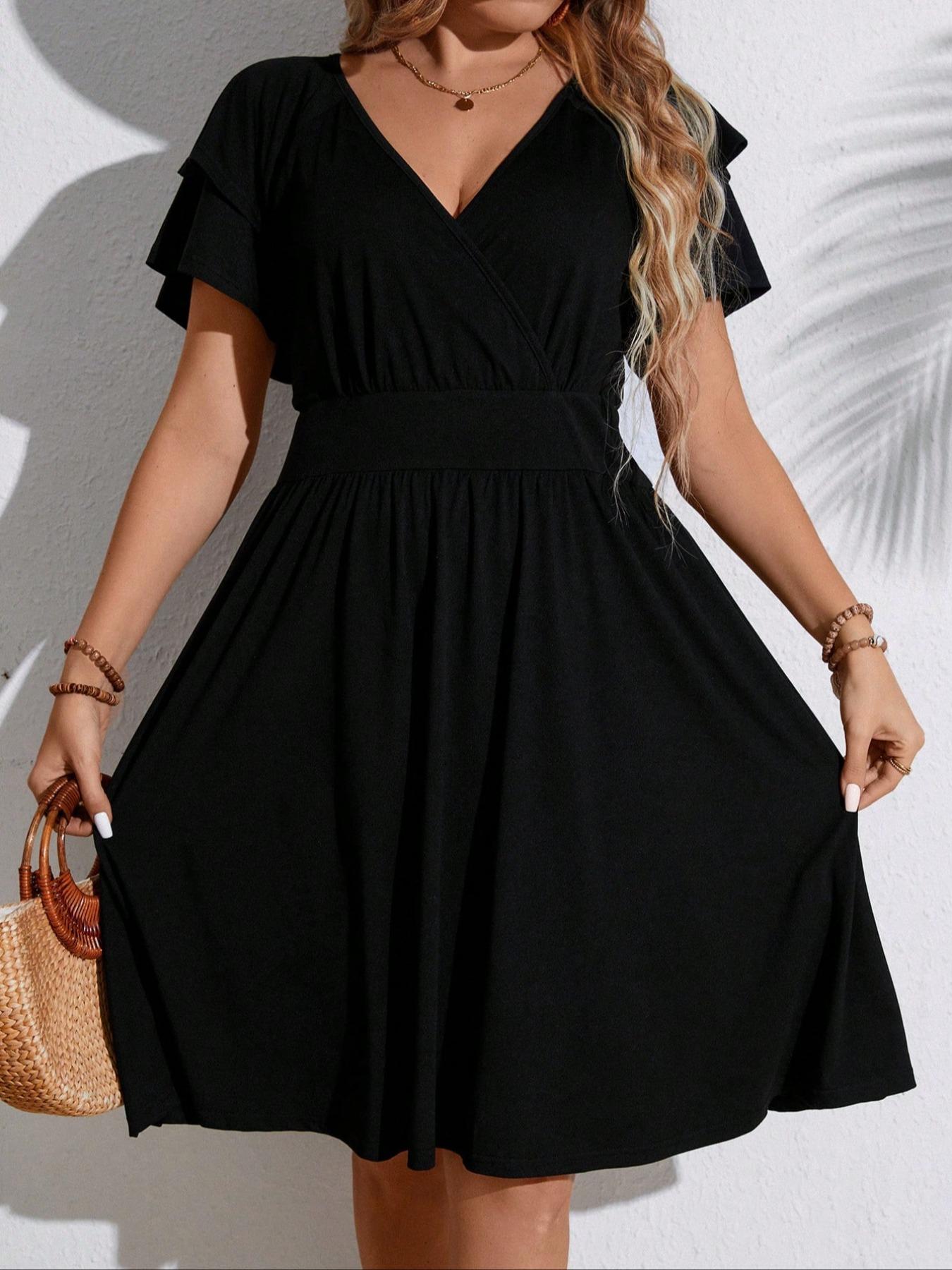 【Plus Size】 Solid Color V Neck Dress, Fashion Casual Dress for Wedding Guest, Women's Clothing for Summer