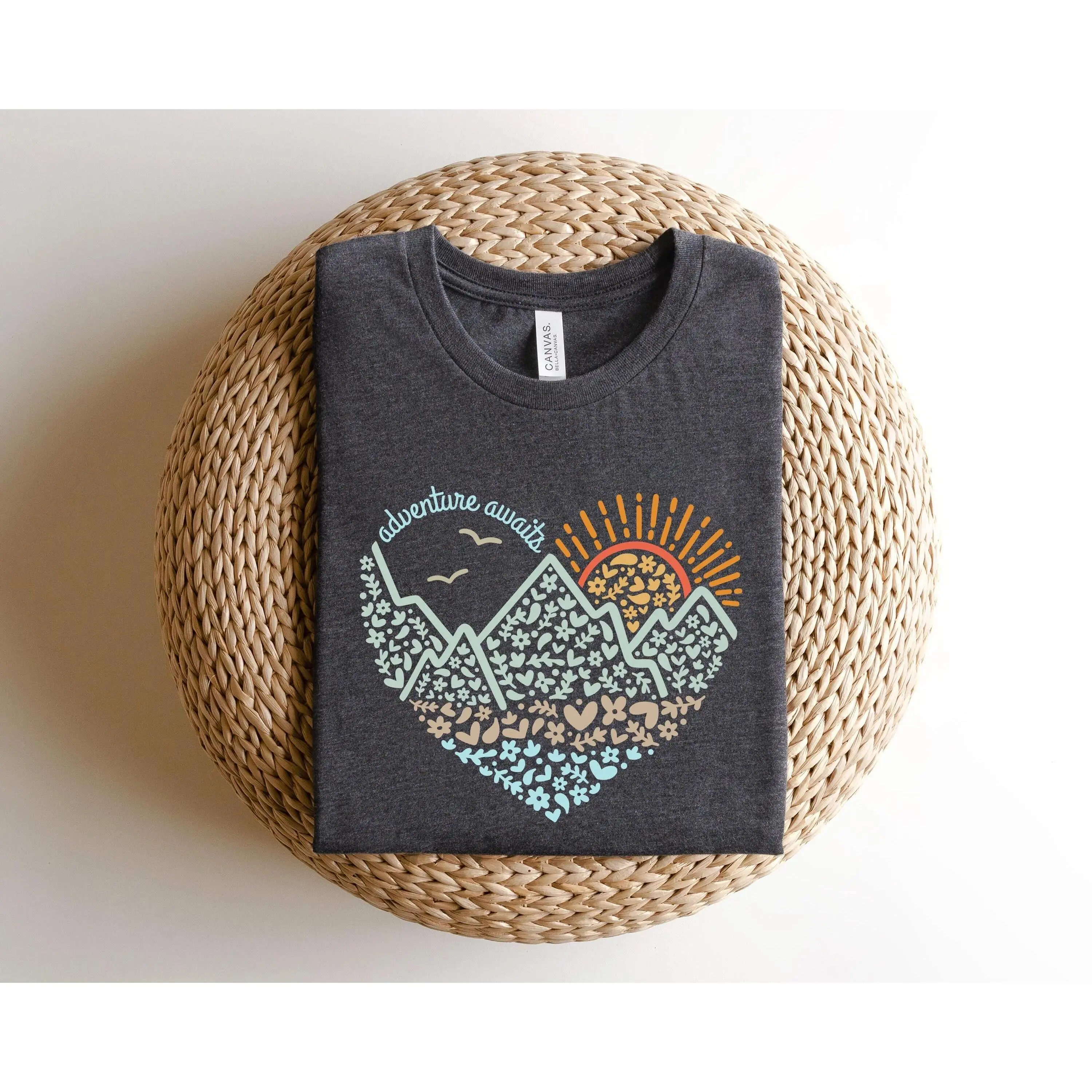 Women's Adventure Awaits Floral Mountain Graphic Tee - Heavyweight Premium Cotton, Clean Finish, Front Print, Smooth Fabric, Flowers Design, Everyday Sun-Ready, Street Style Nature Travel Sports Top (Great Gift for Men)