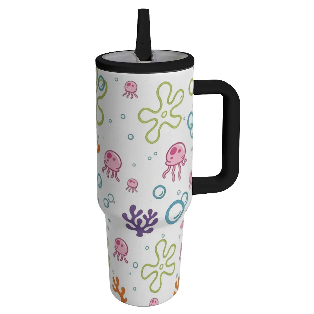1 Pc 40oz Skinny Vacuum Insulated Mug with Leakproof Lid & Handle, Double Wall Ocean Print Drinkware, Keeps Hot 12h/Cold 24h, Kitchenware Gift for Women