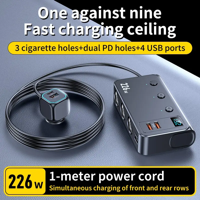 226W Car Cigarette Lighter Splitter, Car Charger Station, 9-in-1 Multi-Port USB Charger Adapter with 3 Sockets, Dual PD USB-C, 4 Fast Charging Ports, LED Voltage Display, Independent Switches, 12V-24V Auto Accessory, Universal