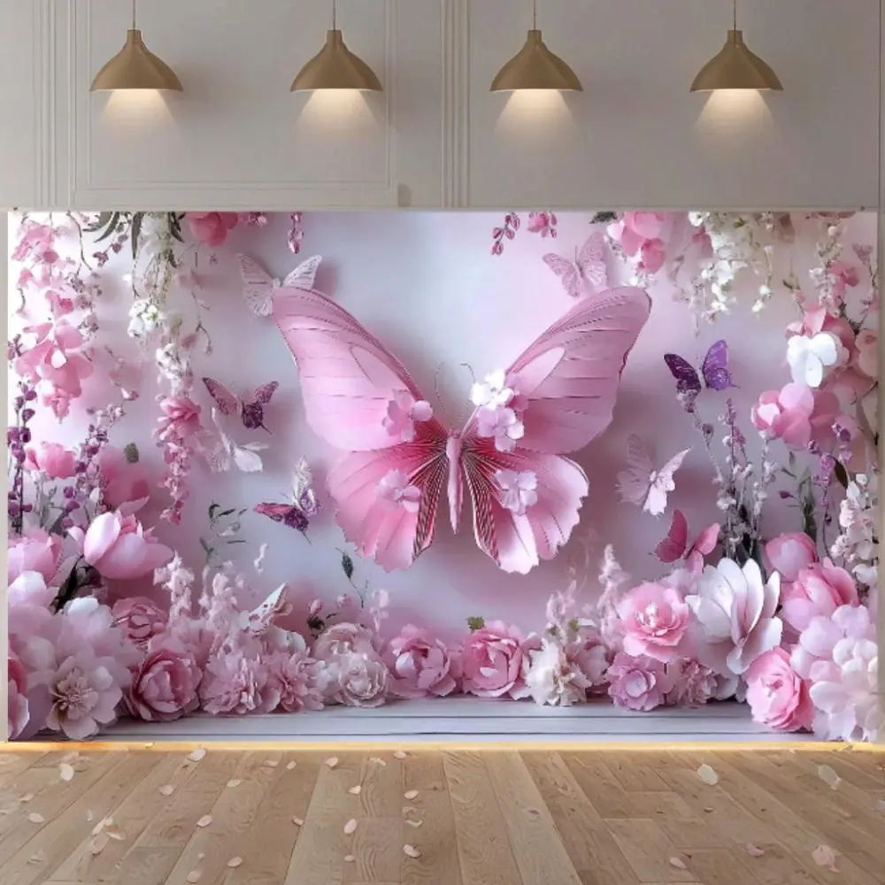 Polyester Pink Princess Girl Birthday Backdrop Background Cloth, Flower Butterfly Tapestry Wall Hanging Photography Background Premium Polyester Fabric, European Style Party Decor, Photo Studio Setup, Birthday Celebration, Event Decoration Prop