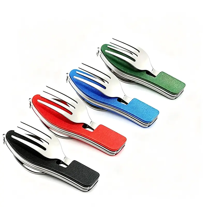 4-in-1 Camping Utensil Set with Stainless Steel Sporks, 4 Pack | Portable Tableware with Bottle Opener & Storage Pouch, Ideal for Family Camping Meals, Backpacking, Picnics, Barbecues, Fishing and Road Trips