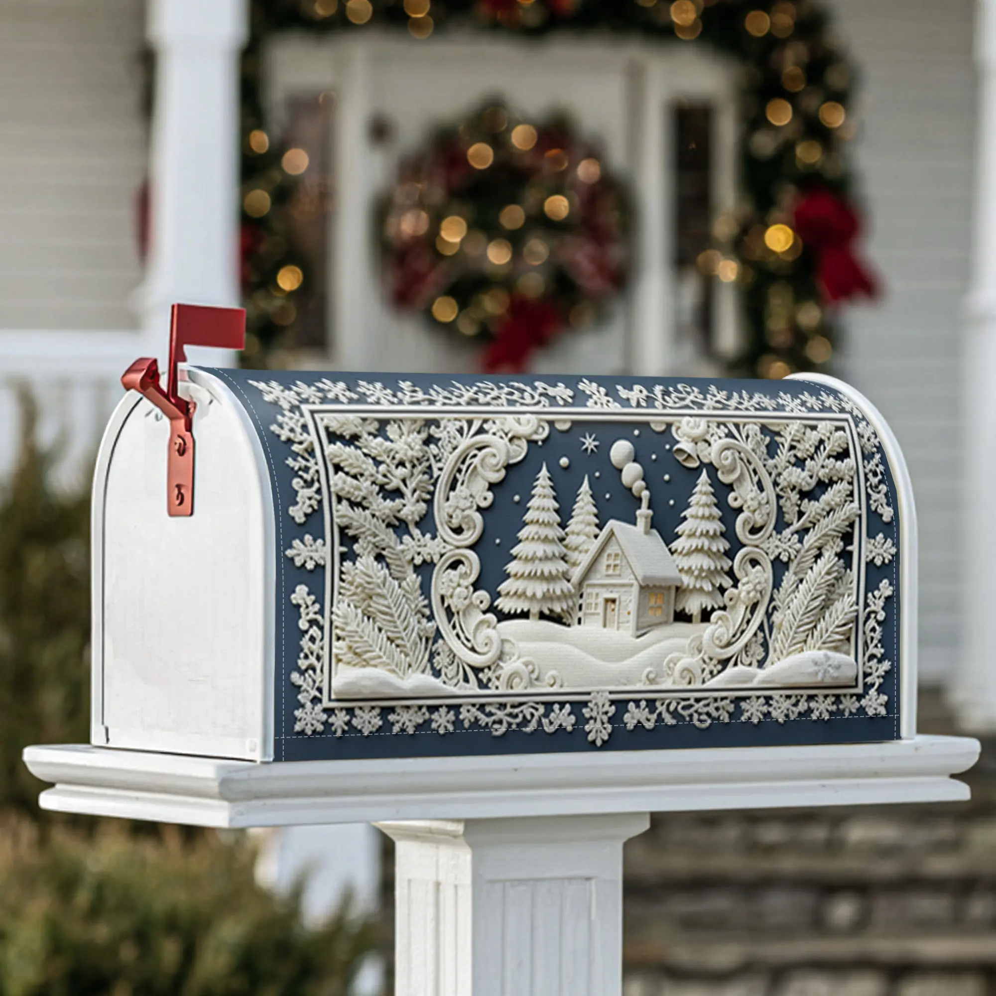 snowflakes Magnetic Mailbox Covers, Winter festive pine trees house Winter navy blue Mailbox Decorations for Front Porch Decor