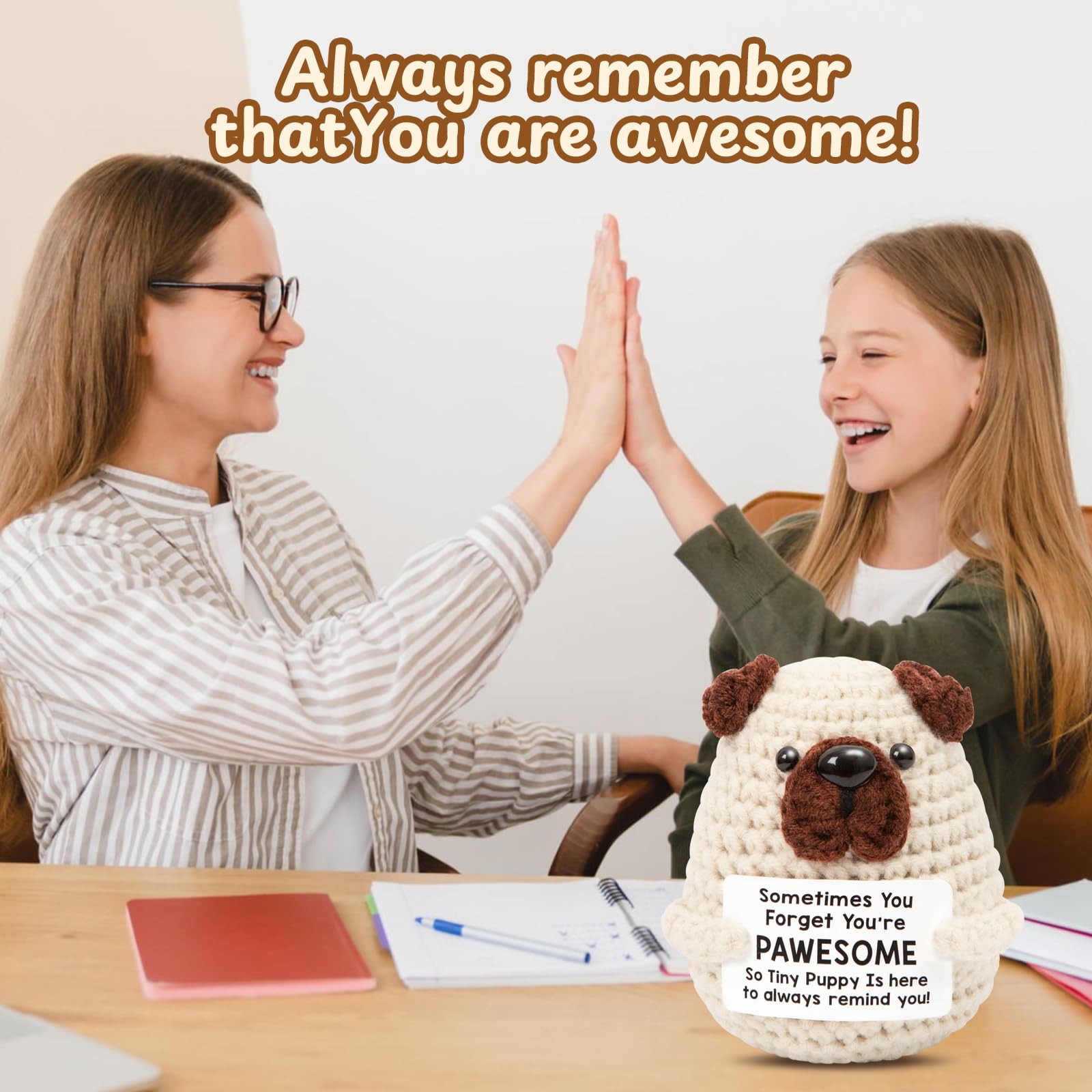 Mini Positive Crochet Dog,Funny Emotional Support Crochet Stuffed Gifts Cute Crochet Animals with Positive Messages Emotional Support Crochet Animals Handmade Crochet Puppy Inspirational Crochet Gift