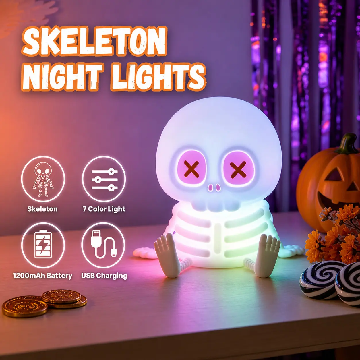 Halloween Summerween Party Decor Cute Skeleton Lamp, Touch Control Rechargeable Squishy Silicone Skull Night Light, 7 Colors Changing Dimmable 2-Level Warm Light LED Bedside Lamp, Christmas Birthday Gifts