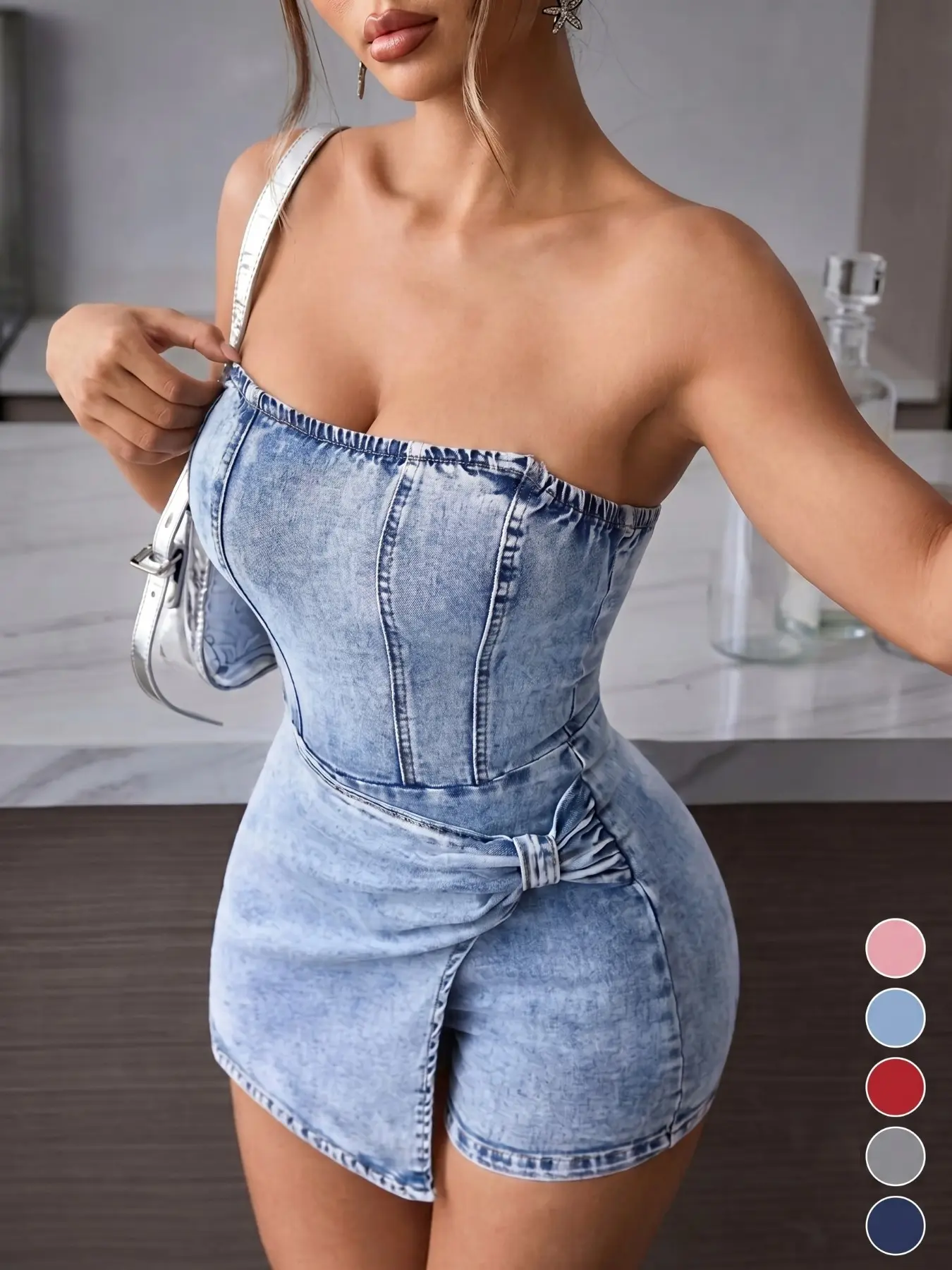 ✨ Women's Tube Top Denim Light Wash Short Dress | Twisted Front Strapless Sleeveless Design, Summer Hot Girl Essential