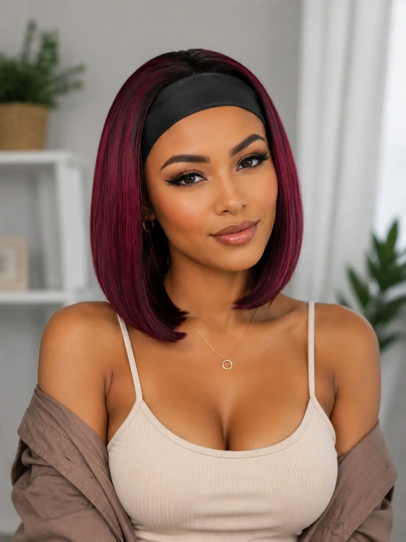 Burgundy Bob Headband Wig for Women, Short Straight Synthetic Hair, Glueless Wear, Natural Look, Heat Resistant, Daily Style