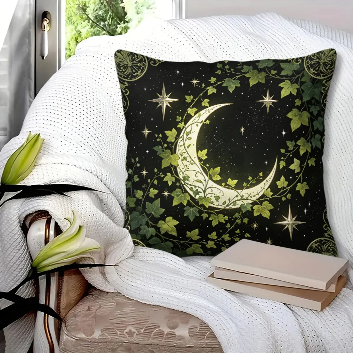 1 Piece 45×45cm Throw Pillow with Moon Celestial Pattern, Celestial Themed Couch Cushions, Indoor Sofa Cushions, Ideal for Sofa, Living Room and Bedroom, Astrology Aesthetic Home Decoration (Pillow Insert Included)