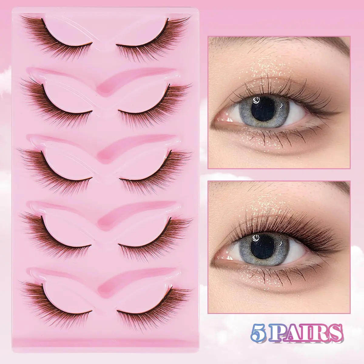 MAANGE 5 Pairs Brown Natural Mink False Eyelashes Warm Tone Wispy Gradient C Curl Strip Lashes Soft Thin Band Light Volume Fake Lashes Warm Makeup & Light Daily Eye Cosmetics