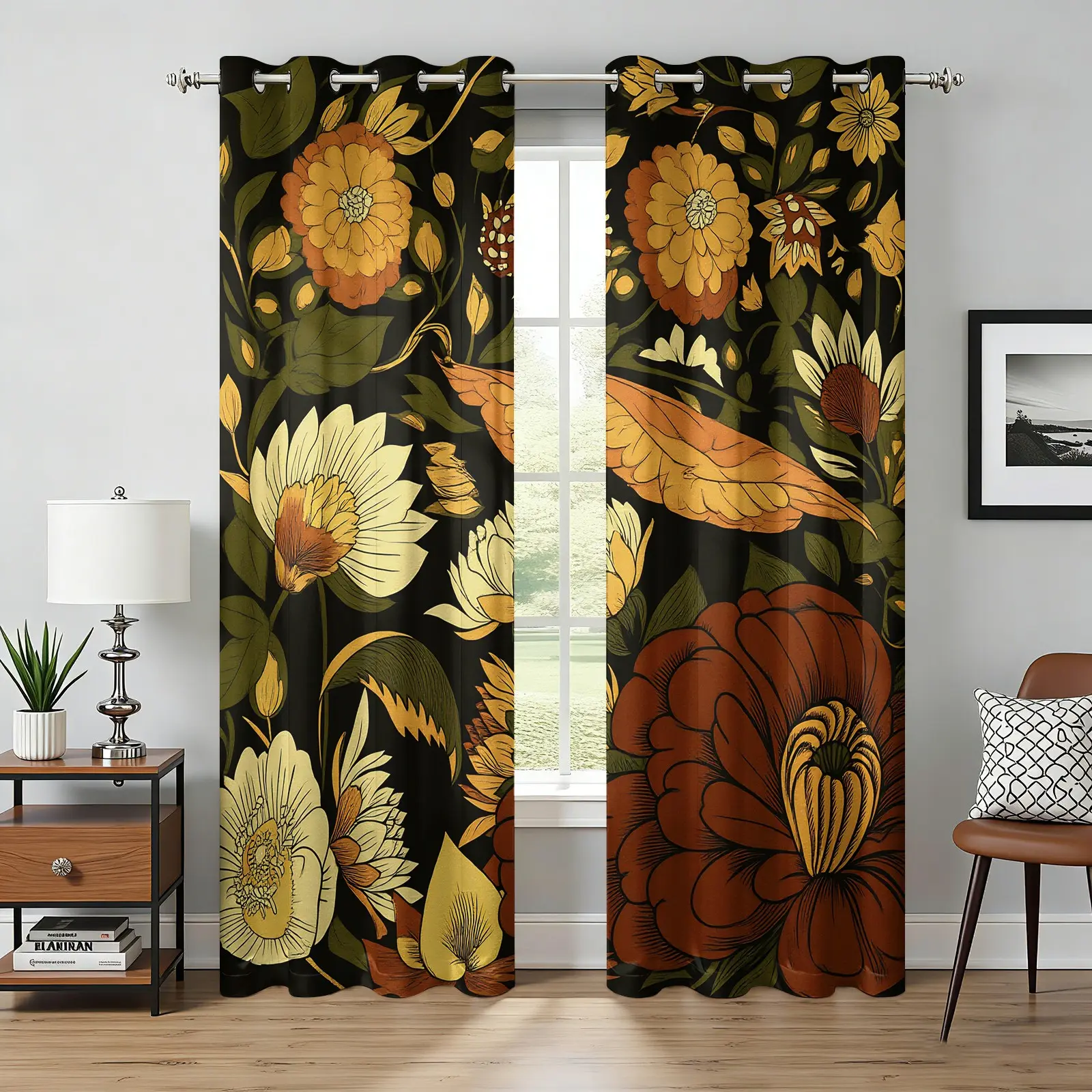 Black Background Vintage Boho Floral Grommet Top Blackout Window Curtains, Retro Brown Yellow Flower Washable Drapes, Light Blocking & Privacy Protection, for Immersive Sleep Dark Academia Bedroom Decoration